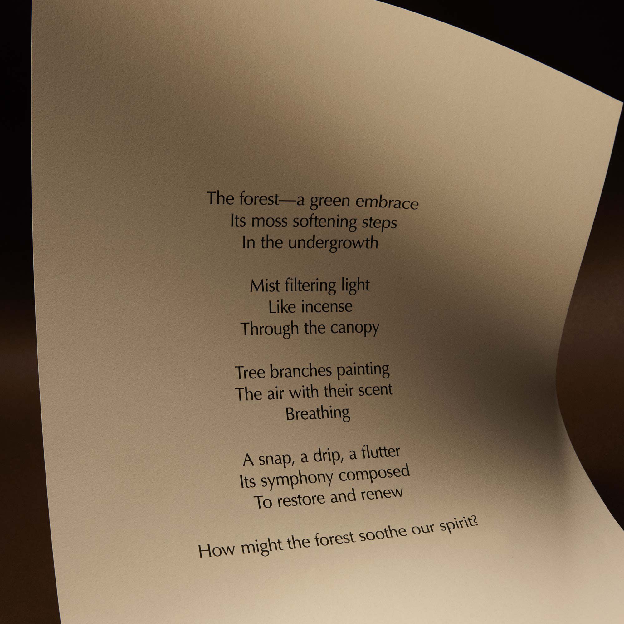Curved cream page with printed verse against a dark brown background.