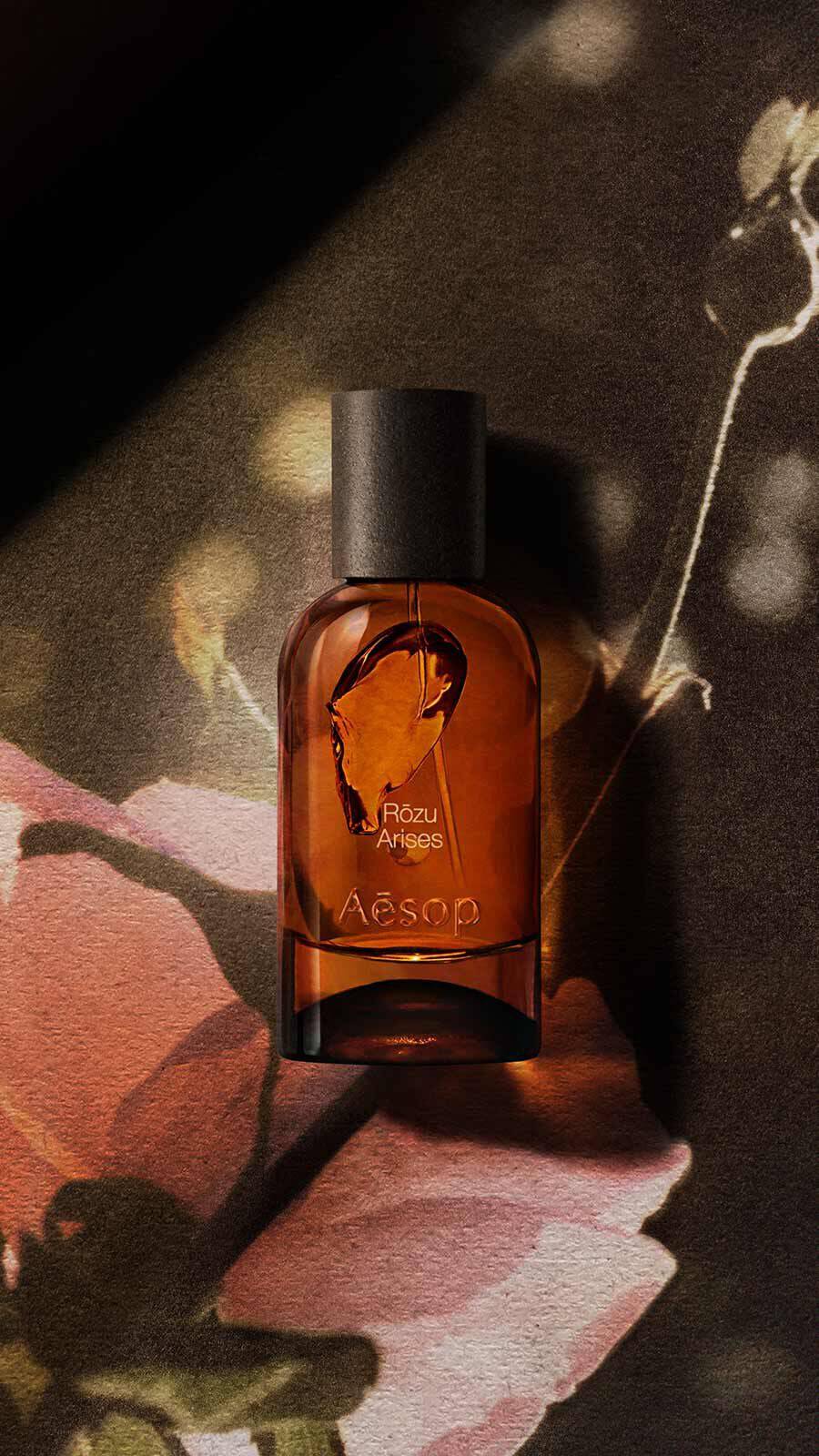 Aesop Rozu Arises Eau de Parfum bottle with black cap on a dark surface with soft pink rose petals and delicate stem shadows.