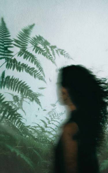 Blurred profile of a person with dark hair among green ferns, set against misted glass and cool diffused natural light.